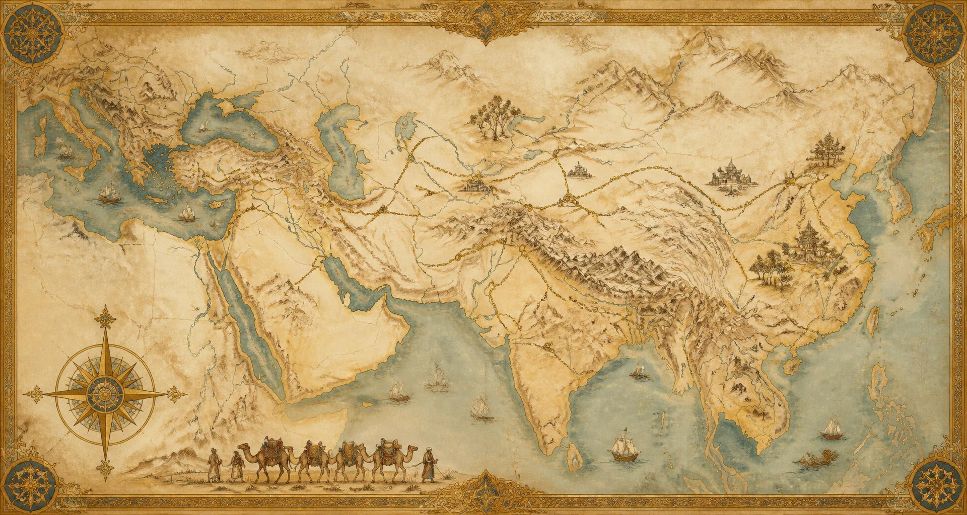 Antique illustrated map of the Silk Road